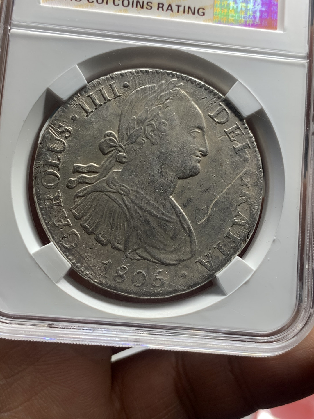 《竞宝斋》第30场-周日，周一，周二3场连拍（全场顺丰包邮） 西属 墨西哥1805年 卡四 8R 双柱大银币 细节见图