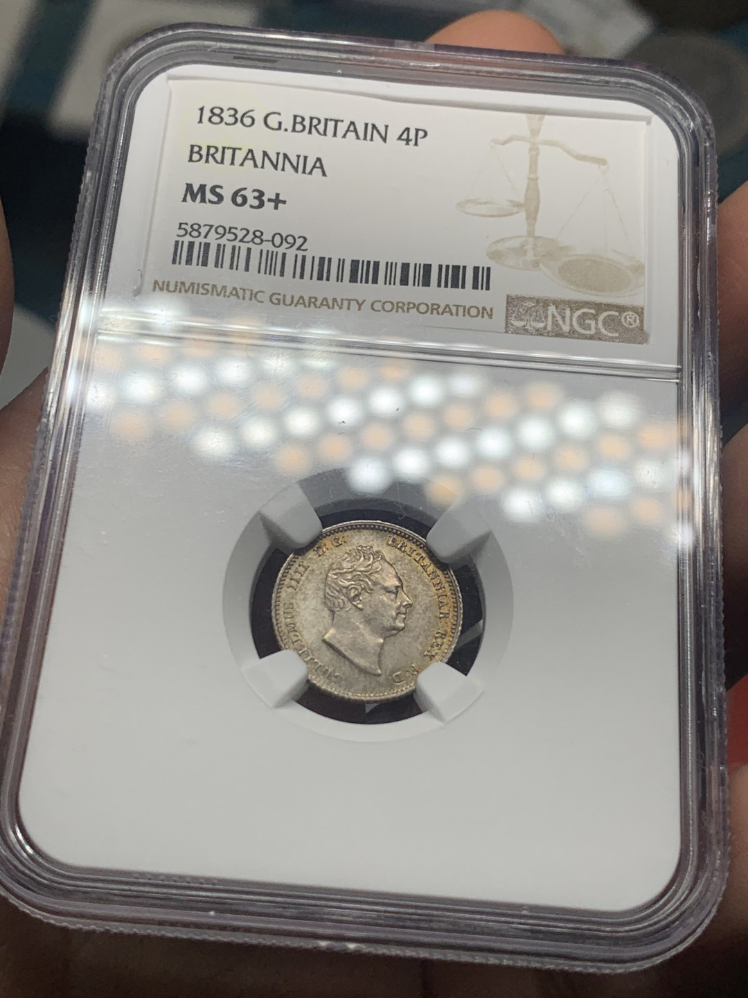 《竞宝斋》第30场-周日，周一，周二3场连拍（全场顺丰包邮） NGC-MS63+ 1836年英国威廉四世4便士银币 不列颠女神坐像版，主要用于英属圭亚那