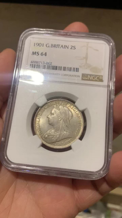 《竞宝斋》第30场-周日，周一，周二3场连拍（全场顺丰包邮） NGC-MS 64 英国 1901年  维多利亚披纱 2先令 福林银币 难得状态