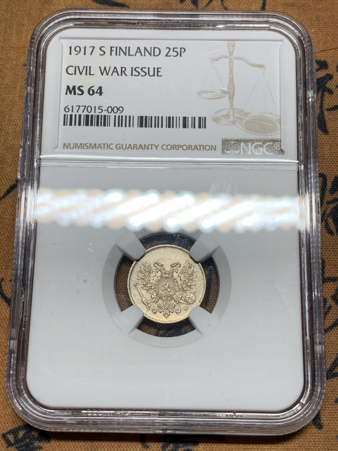 《竞宝斋》第30场-周日，周一，周二3场连拍（全场顺丰包邮） NGC-MS64 俄属芬兰 1917-S年 25分 银币 高分好状态