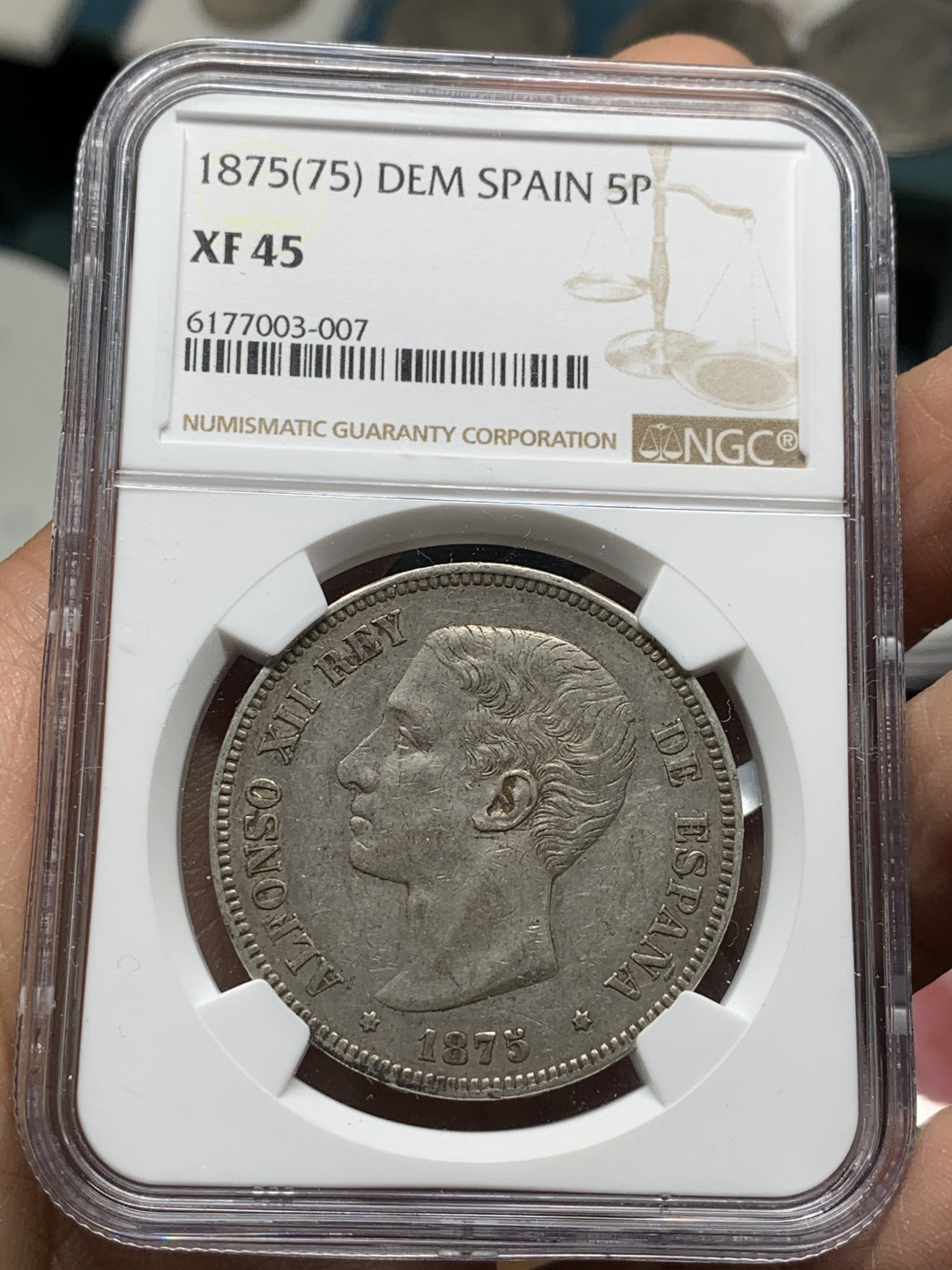 《竞宝斋》第30场-周日，周一，周二3场连拍（全场顺丰包邮） NGC-XF45 西班牙 1875年 阿方索十二世 5比塞塔双柱银币 老包浆好品