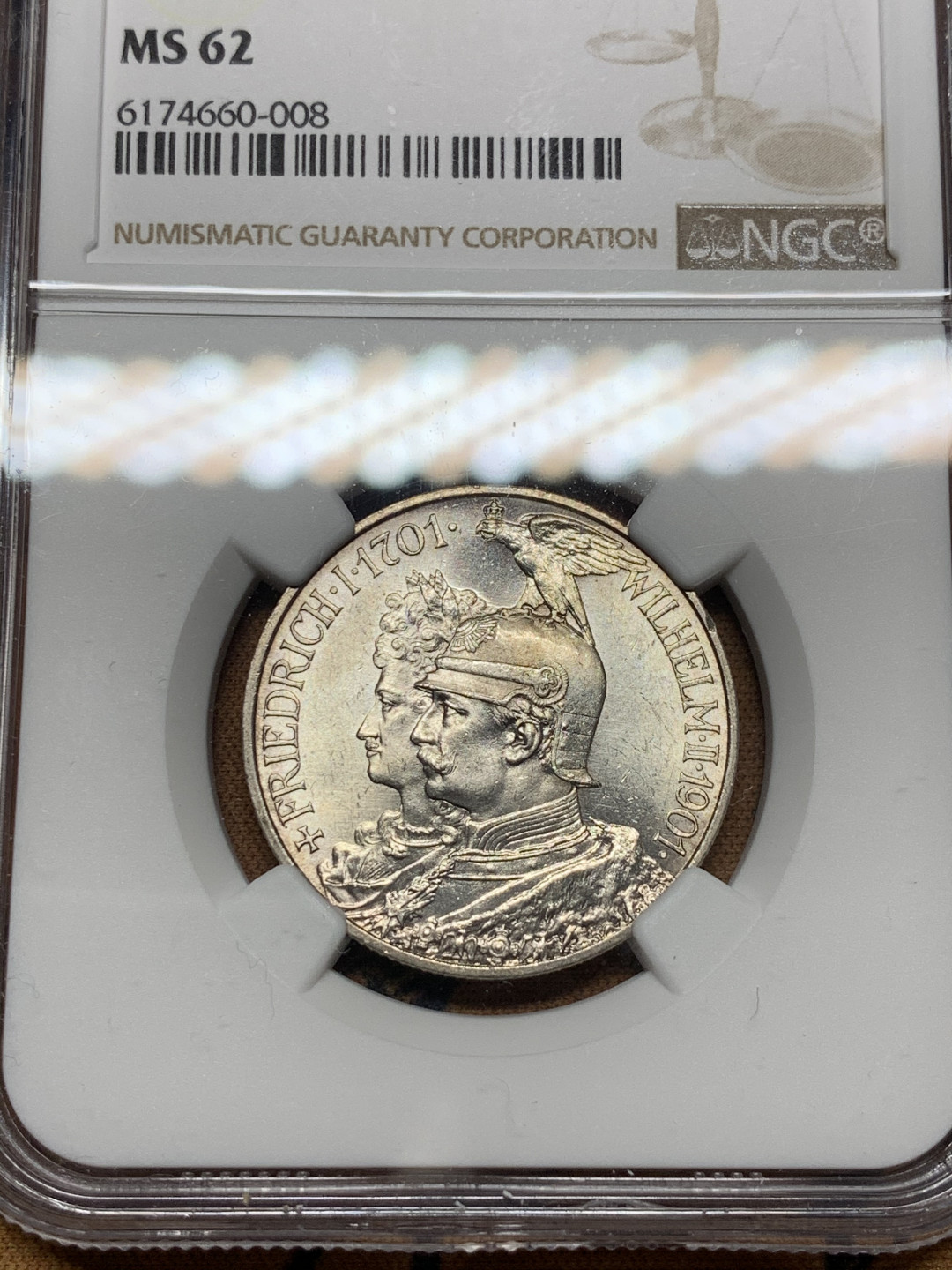 《竞宝斋》第30场-周日，周一，周二3场连拍（全场顺丰包邮） NGC-MS62 德国普鲁士 1901年 200周年纪念 2马克 银币 原光好品 感觉低评