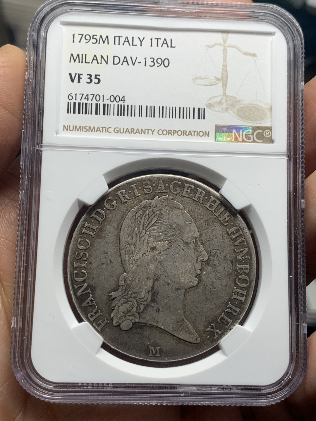 《竞宝斋》第30场-周日，周一，周二3场连拍（全场顺丰包邮） NGC-VF35 1795年米兰大公国弗朗茨二世泰勒 比奥属尼德兰的十字科罗那少见，季军分