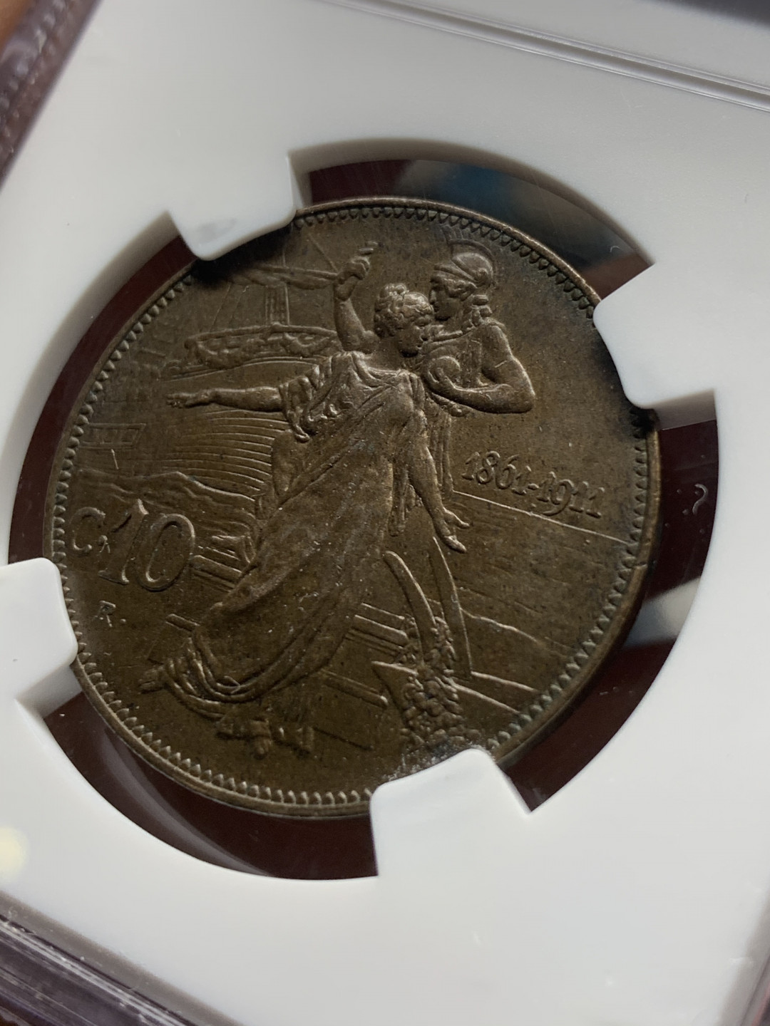 《竞宝斋》第30场-周日，周一，周二3场连拍（全场顺丰包邮） NGC-MS63 意大利 1911年 托奶10分 铜币 难得好品