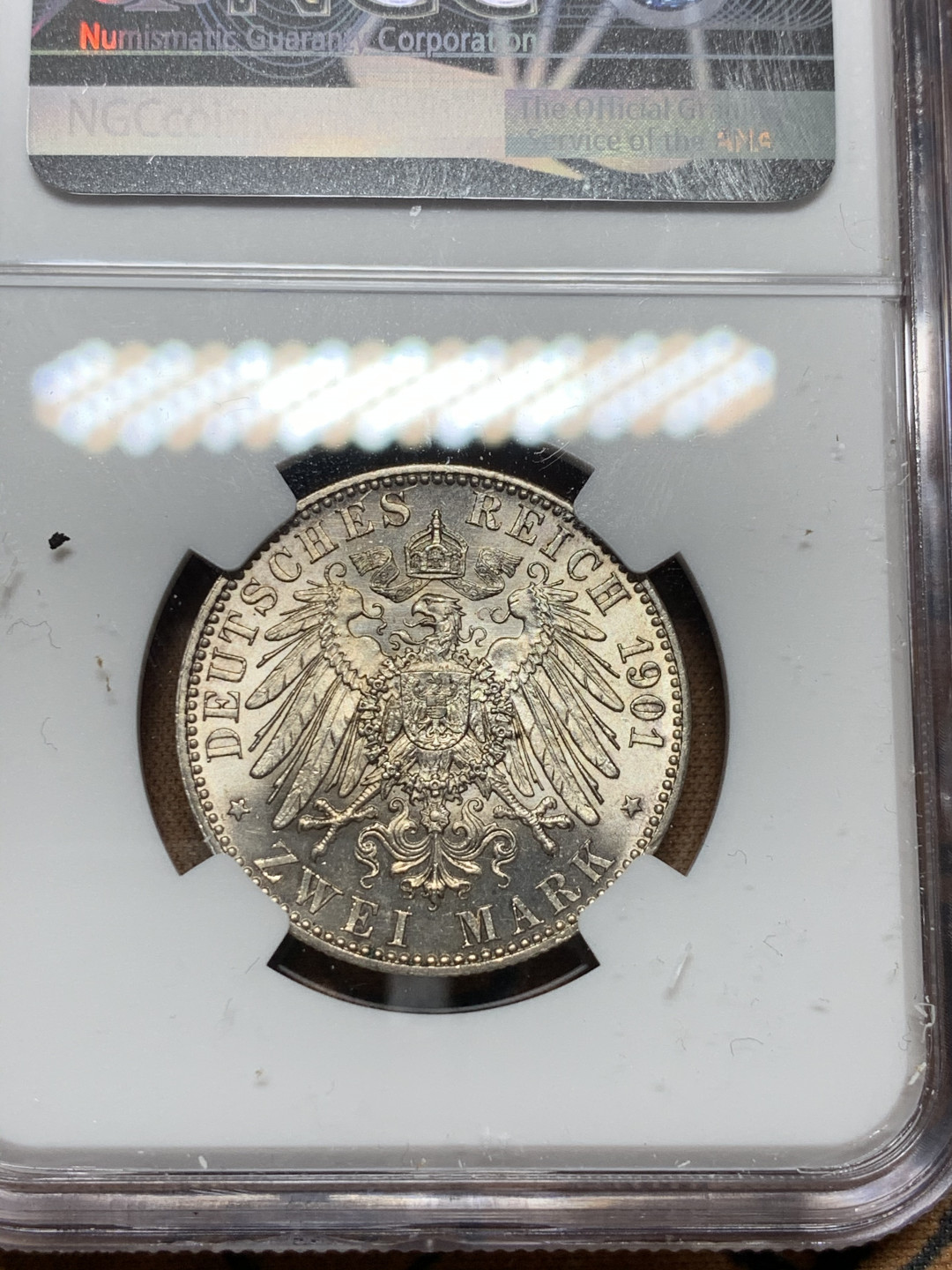 《竞宝斋》第30场-周日，周一，周二3场连拍（全场顺丰包邮） NGC-MS62 德国普鲁士 1901年 200周年纪念 2马克 银币 原光好品 感觉低评