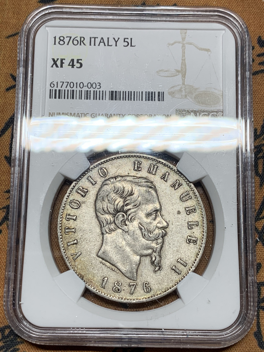 《竞宝斋》第30场-周日，周一，周二3场连拍（全场顺丰包邮） NGC-XF45 意大利 1876-R年 艾曼纽尔 5里拉 大银币 原味好品 