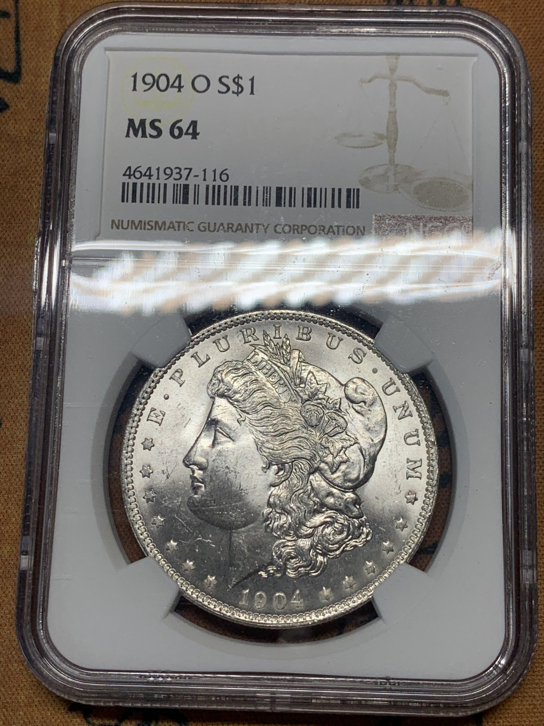 《竞宝斋》第30场-周日，周一，周二3场连拍（全场顺丰包邮） NGC-MS64 美国 1904-O 新奥尔良厂 摩根 1美元 银币 银色原光