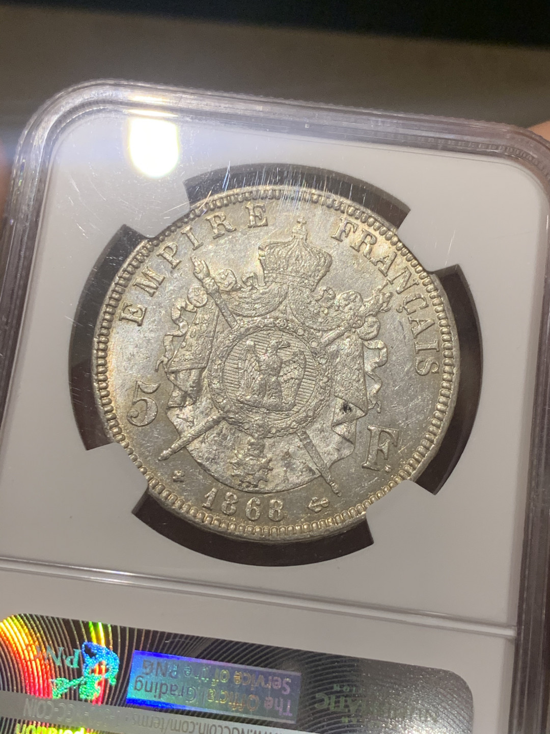 《竞宝斋》第30场-周日，周一，周二3场连拍（全场顺丰包邮） NGC-MS61 法国 1868年 拿破仑三世5法郎银币 全光状态 底板一流 