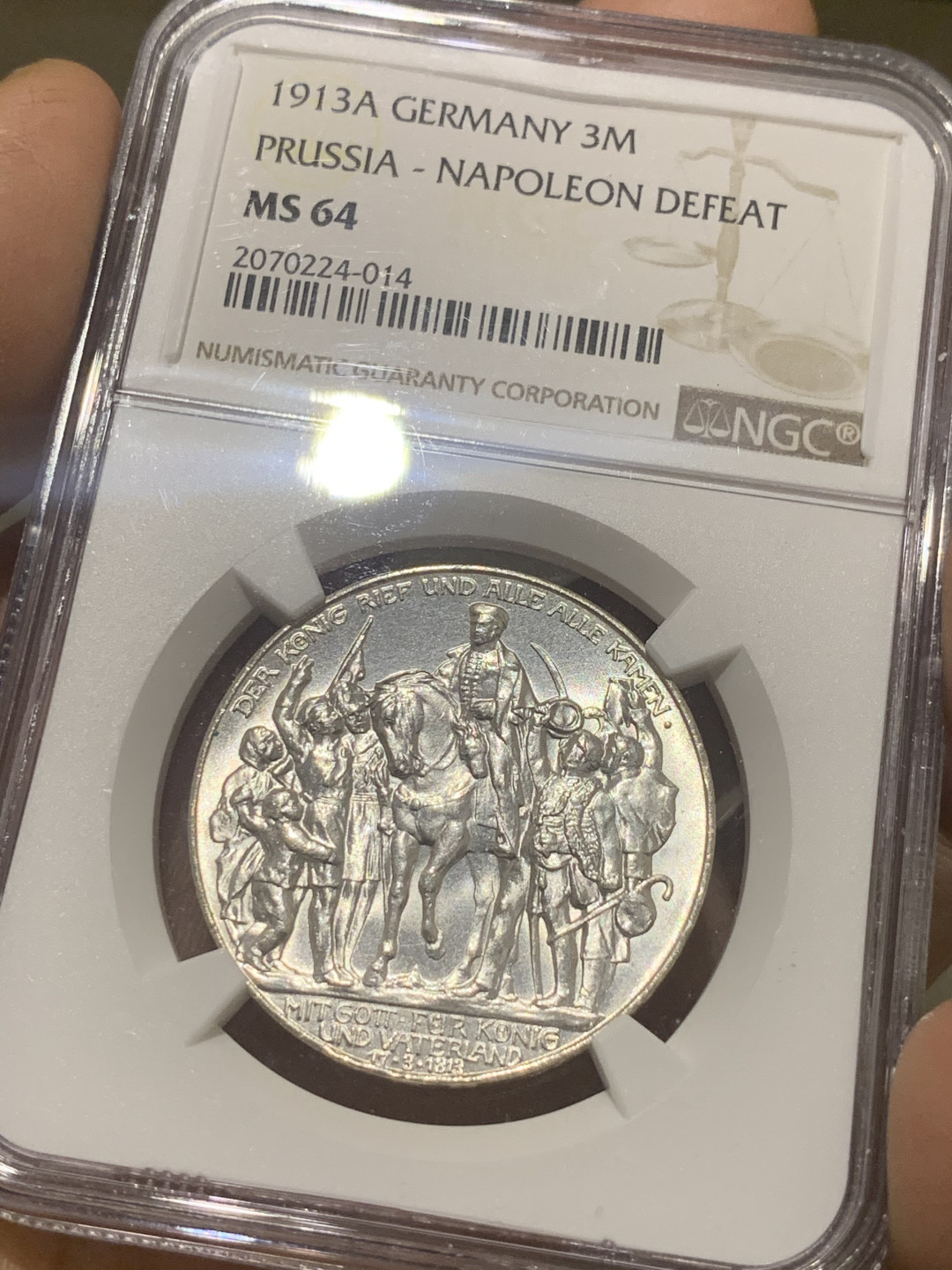 《竞宝斋》第30场-周日，周一，周二3场连拍（全场顺丰包邮） NGC-MS64 德国 普鲁士 1913-A 向拿破仑宣战100周年纪念 3马克 银币 银色原光