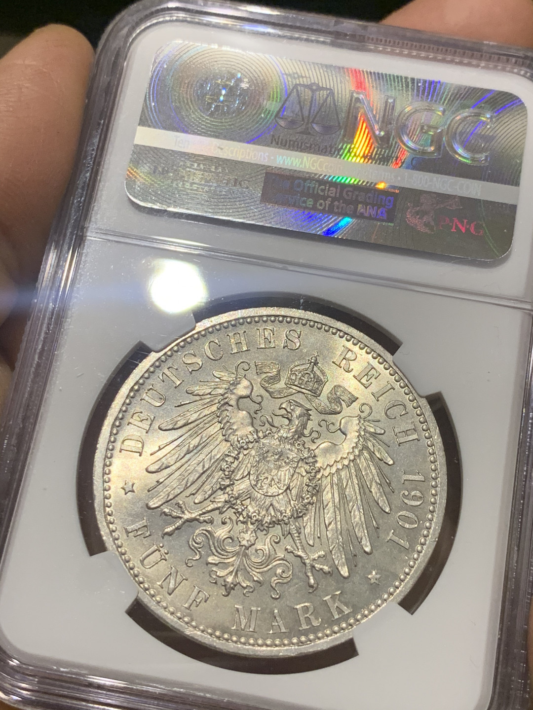 《竞宝斋》第30场-周日，周一，周二3场连拍（全场顺丰包邮） NGC-MS64 德国 普鲁士 1901-A 普鲁士建国200周年纪念 5马克 银币 淡黄包浆