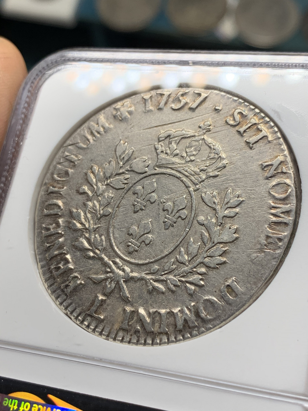 《竞宝斋》第31场（年内尾拍）-周日，周一，周二3场连拍（全场顺丰包邮） 唯一冠军分 NGC-XF40 法国 1757年 L版 路易十五埃居大银币 细节清晰，少见品种本枚冠军 上分太难