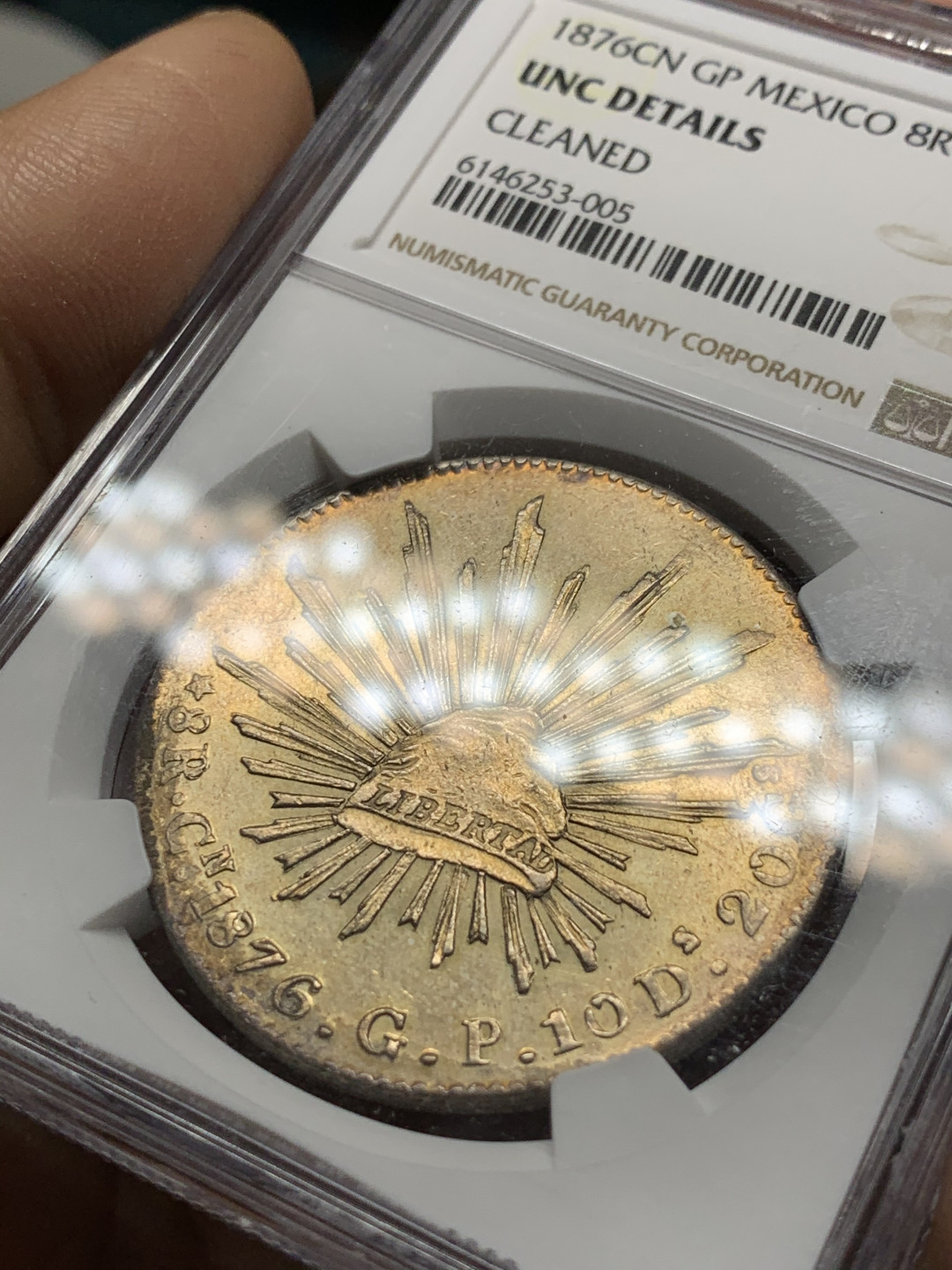 《竞宝斋》第31场（年内尾拍）-周日，周一，周二3场连拍（全场顺丰包邮） NGC-UNCD 墨西哥 1876年 8 里亚尔  库利亚坎厂  银币      双面黄金包浆C厂中期老鹰