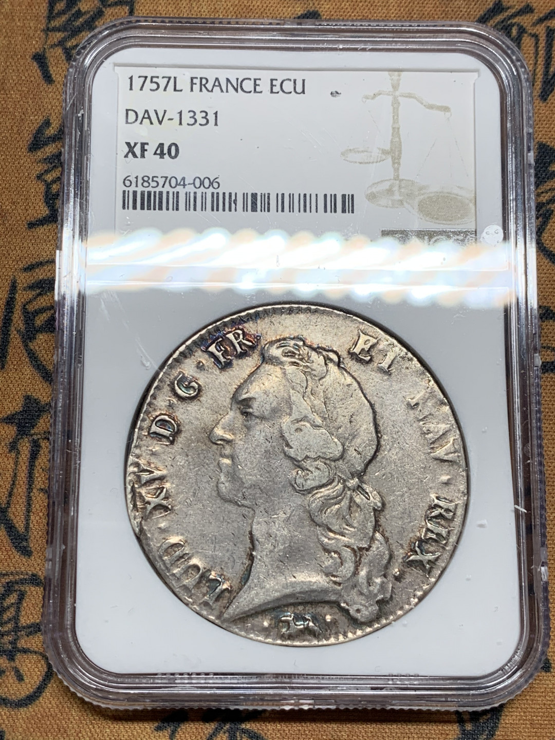 《竞宝斋》第31场（年内尾拍）-周日，周一，周二3场连拍（全场顺丰包邮） 唯一冠军分 NGC-XF40 法国 1757年 L版 路易十五埃居大银币 细节清晰，少见品种本枚冠军 上分太难