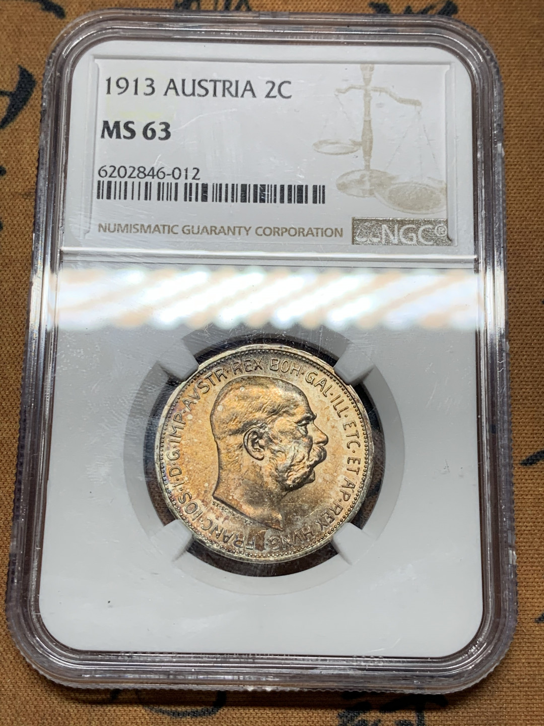 《竞宝斋》第31场（年内尾拍）-周日，周一，周二3场连拍（全场顺丰包邮） NGC-MS63 奥地利 1913年 2克朗银币 金黄包浆