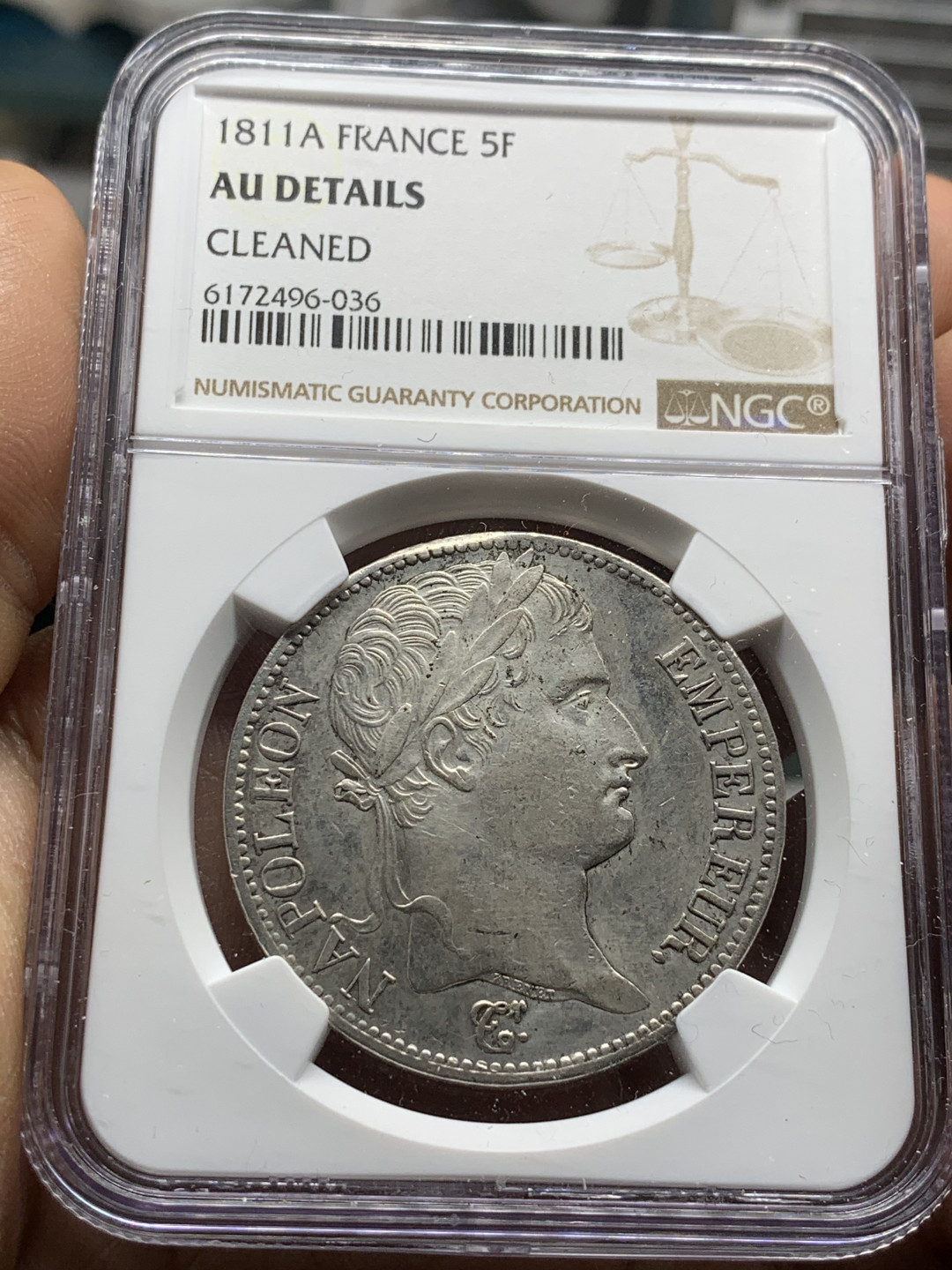 《竞宝斋》第31场（年内尾拍）-周日，周一，周二3场连拍（全场顺丰包邮） NGC 评级 法国 1811年拿一 花冠版 5法郎 大银币 整体深打，磨损小，花冠清晰 值得收藏