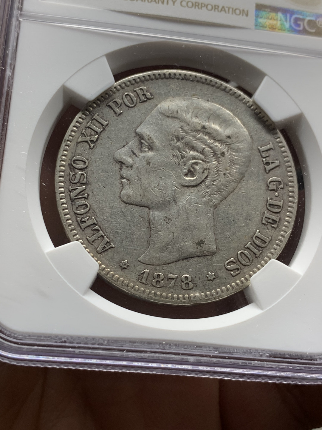 《竞宝斋》第31场（年内尾拍）-周日，周一，周二3场连拍（全场顺丰包邮） NGC AU50 1878(78) 西班牙阿方索12世  5比塞塔双柱银币 原味包浆 