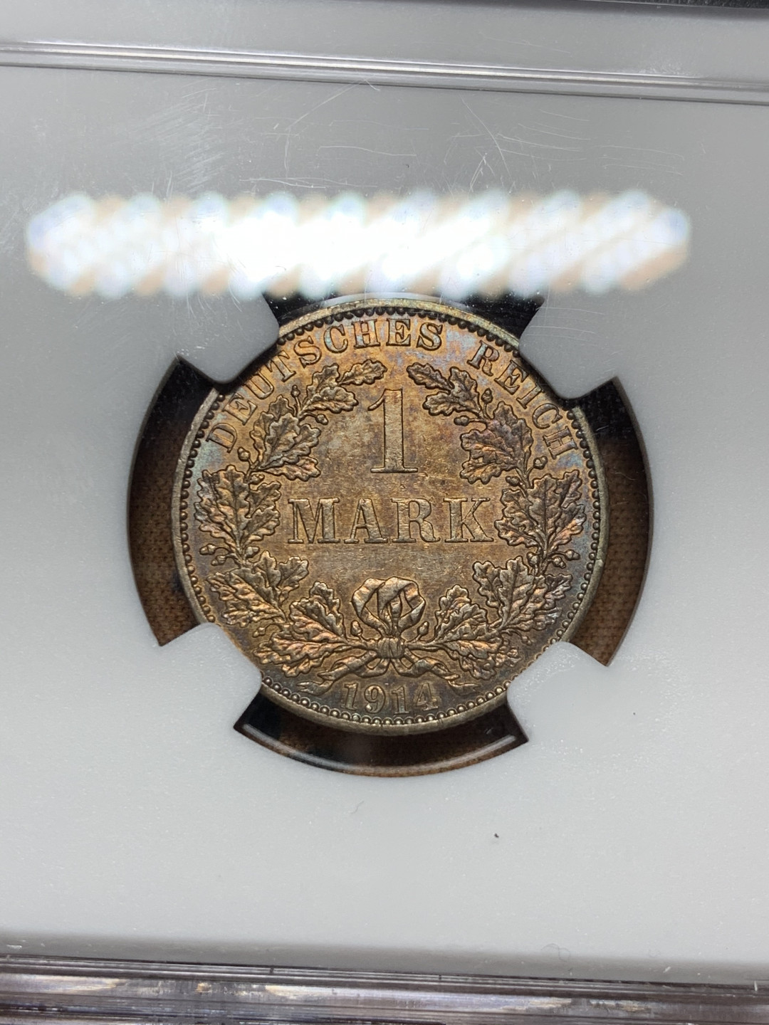 《竞宝斋》第31场（年内尾拍）-周日，周一，周二3场连拍（全场顺丰包邮） NGC-MS62 德国 1914年 1马克 银币  双面五彩重包浆