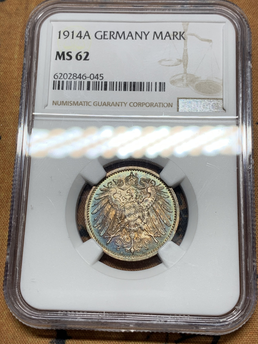 《竞宝斋》第31场（年内尾拍）-周日，周一，周二3场连拍（全场顺丰包邮） NGC-MS62 德国 1914年 1马克 银币  双面五彩重包浆