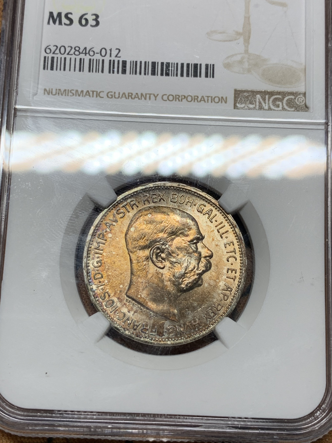 《竞宝斋》第31场（年内尾拍）-周日，周一，周二3场连拍（全场顺丰包邮） NGC-MS63 奥地利 1913年 2克朗银币 金黄包浆