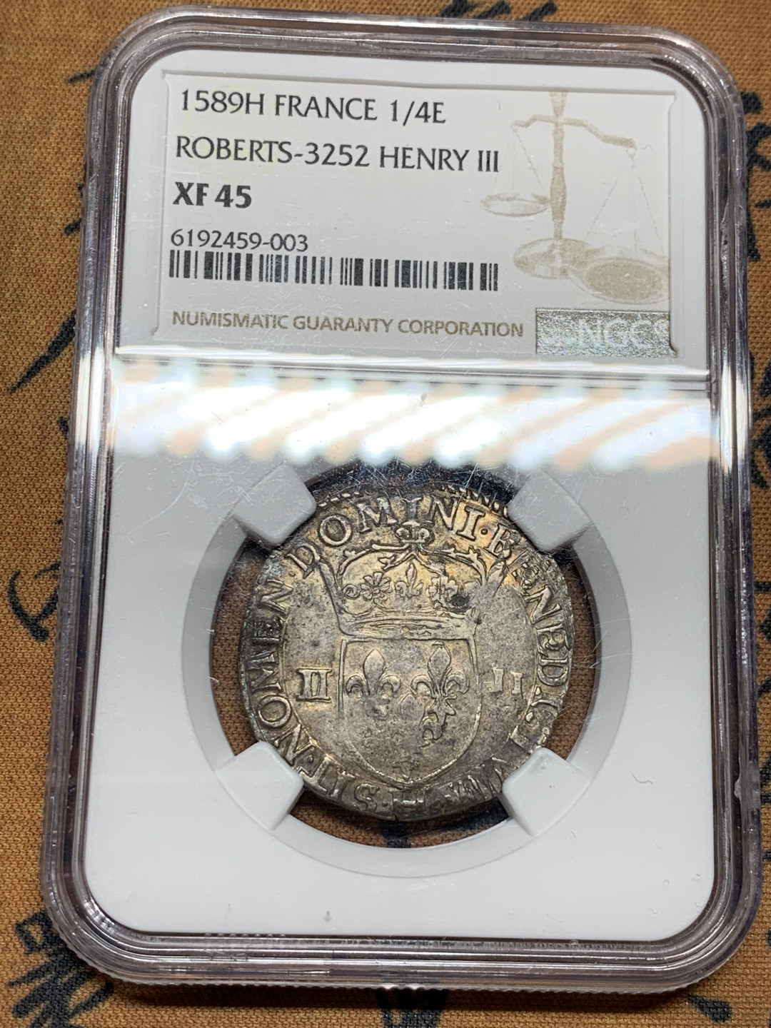 《竞宝斋》第31场（年内尾拍）-周日，周一，周二3场连拍（全场顺丰包邮） NGC XF45 法国 1589年 亨利三世  1/4埃居  打制银币 稀少品种