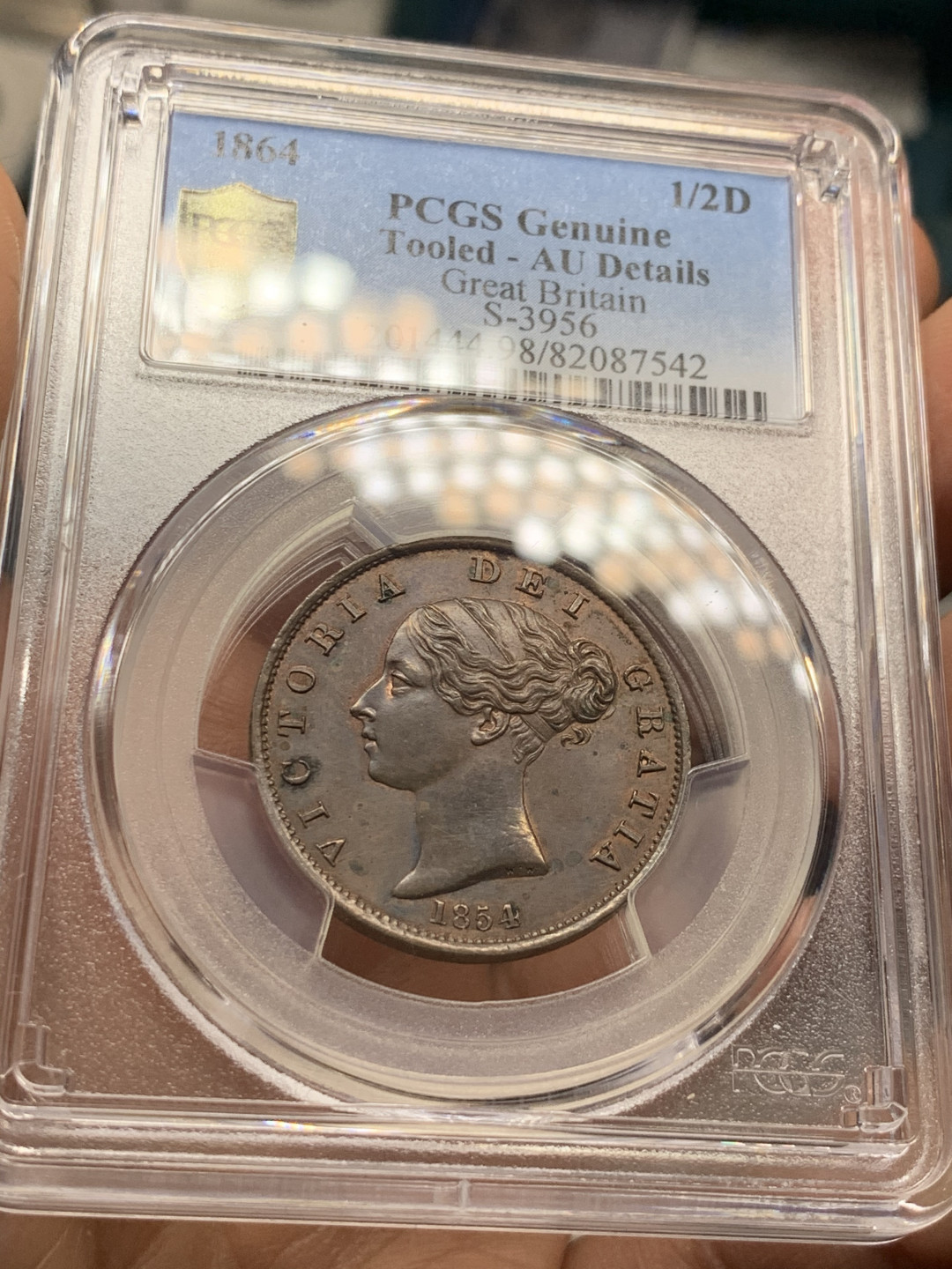 《竞宝斋》第31场（年内尾拍）-周日，周一，周二3场连拍（全场顺丰包邮） PCGS 严级 英国1854年 错标1864.年轻维多利亚女王 半便士 铜币 少见好品 发髻无磨损 背面带通光 人物饱满