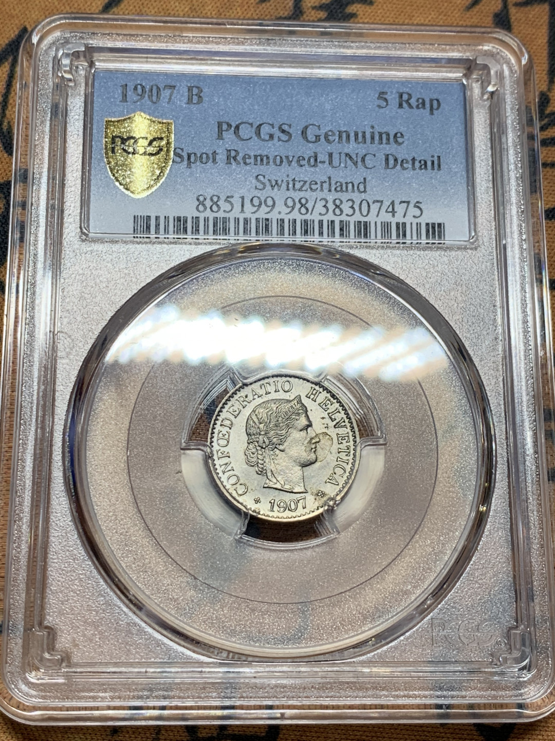 《竞宝斋》第31场（年内尾拍）-周日，周一，周二3场连拍（全场顺丰包邮） PCGS 评级 瑞士 1907年 赫尔维蒂女神 5R  一战前 早期年份少⻅ 完美品未流通状态