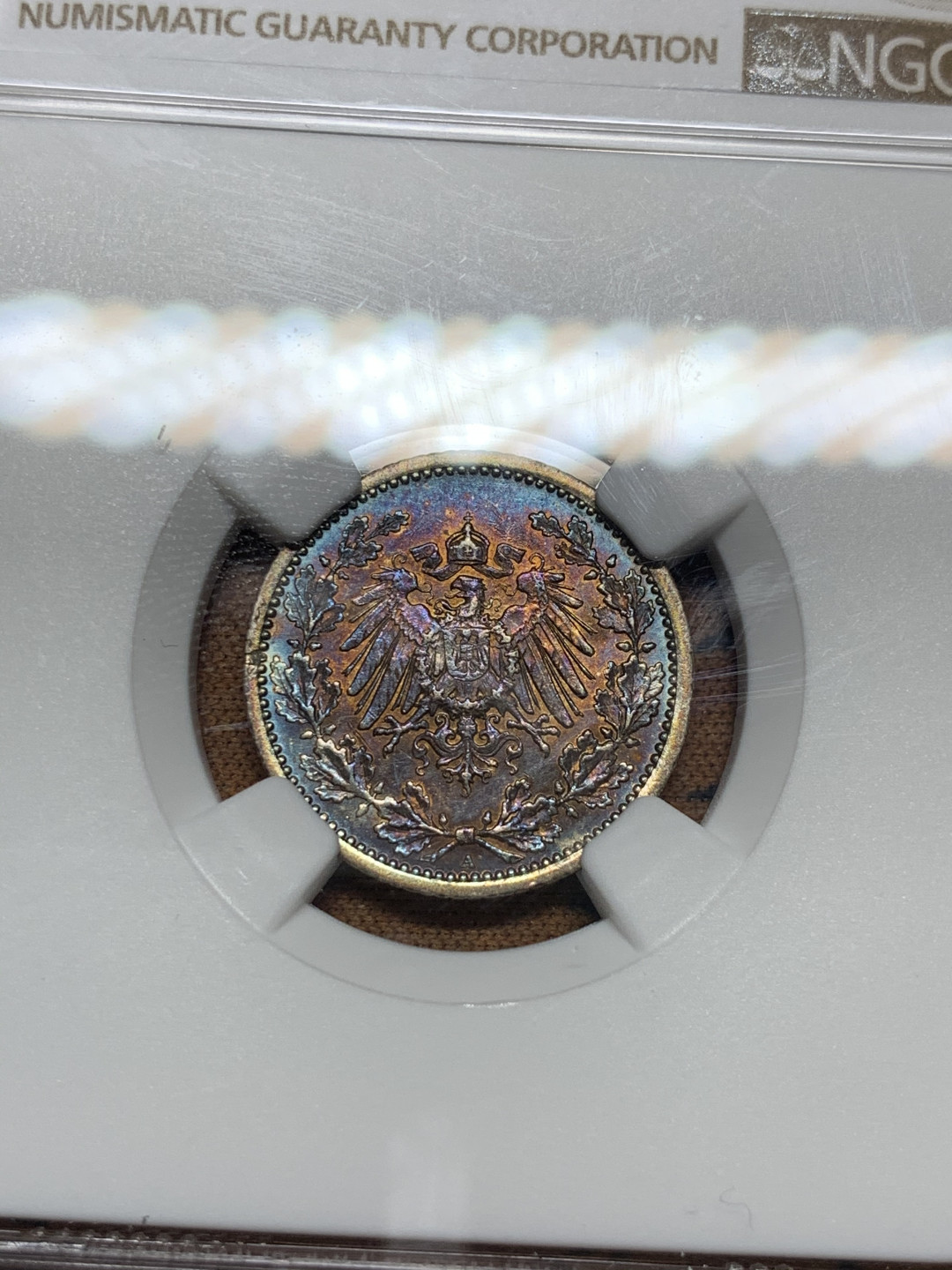 《竞宝斋》第31场（年内尾拍）-周日，周一，周二3场连拍（全场顺丰包邮） NGC-AU58 德国 1914年 1/2马克 银币  五彩重彩包浆