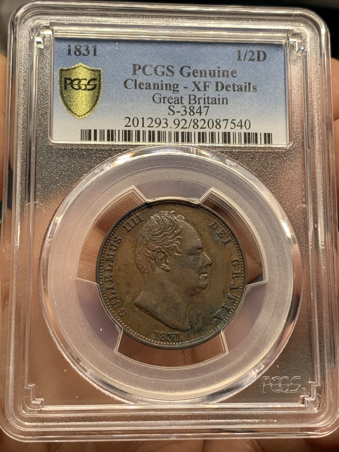 《竞宝斋》第31场（年内尾拍）-周日，周一，周二3场连拍（全场顺丰包邮） PCGS 评级 巧克力原味 英国1831年 威廉四世 半便士 铜币 少见品种