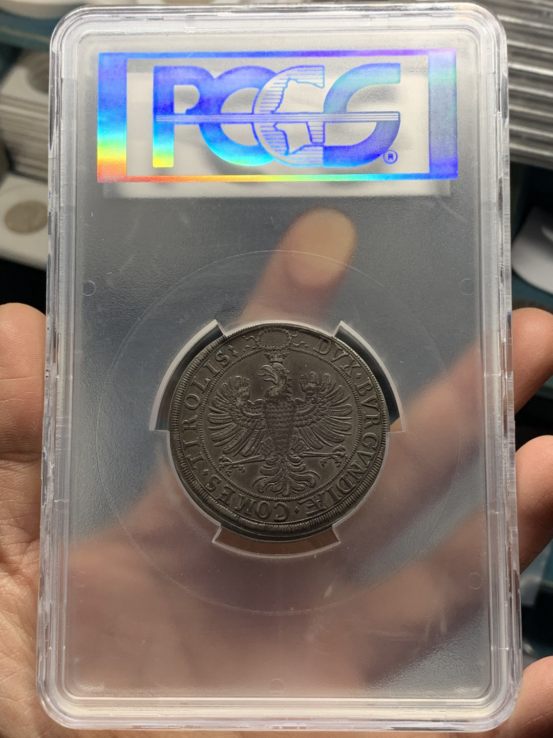 《竞宝斋》第31场（年内尾拍）-周日，周一，周二3场连拍（全场顺丰包邮） PCGS AU50 神圣罗马帝国 1626年2泰勒银币 利奥波德五世和克劳迪娅·德·美第奇大公大婚2泰勒 细节优秀 没有同期币常有缺陷