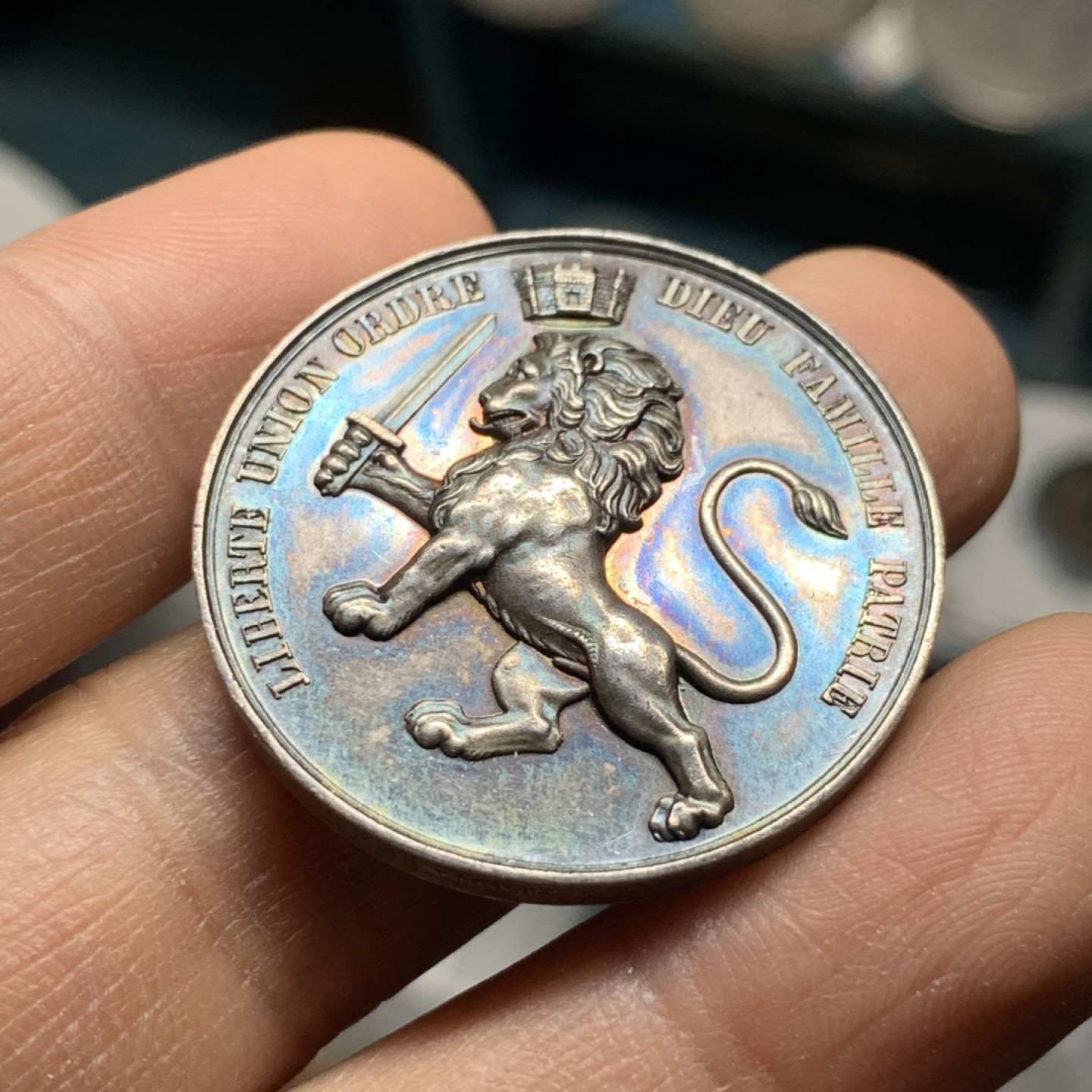 《竞宝斋》第31场（年内尾拍）-周日，周一，周二3场连拍（全场顺丰包邮） 法国1831年 里昂狮子代币 蜜蜂铭银标，五彩包浆