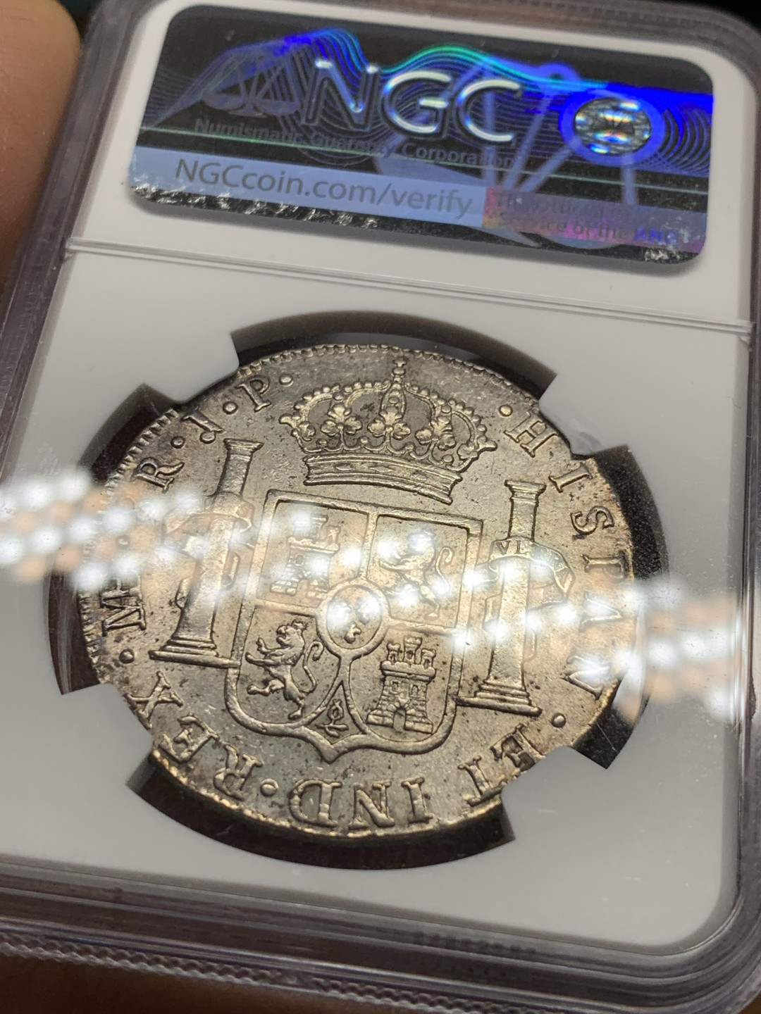 《竞宝斋》第31场（年内尾拍）-周日，周一，周二3场连拍（全场顺丰包邮） NGC AU55 秘鲁利马LIMA 1814年 费七 8R 双柱大银币 正反深打 背面MS品的底板 喜欢不要错过