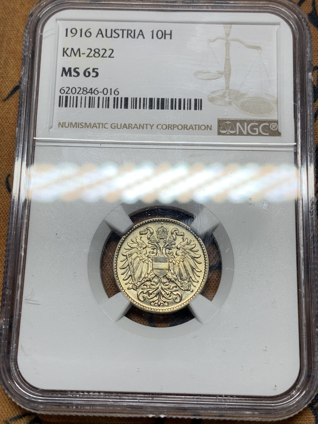 《竞宝斋》第31场（年内尾拍）-周日，周一，周二3场连拍（全场顺丰包邮） NGC-MS65 奥地利 1916年 10赫勒镍币