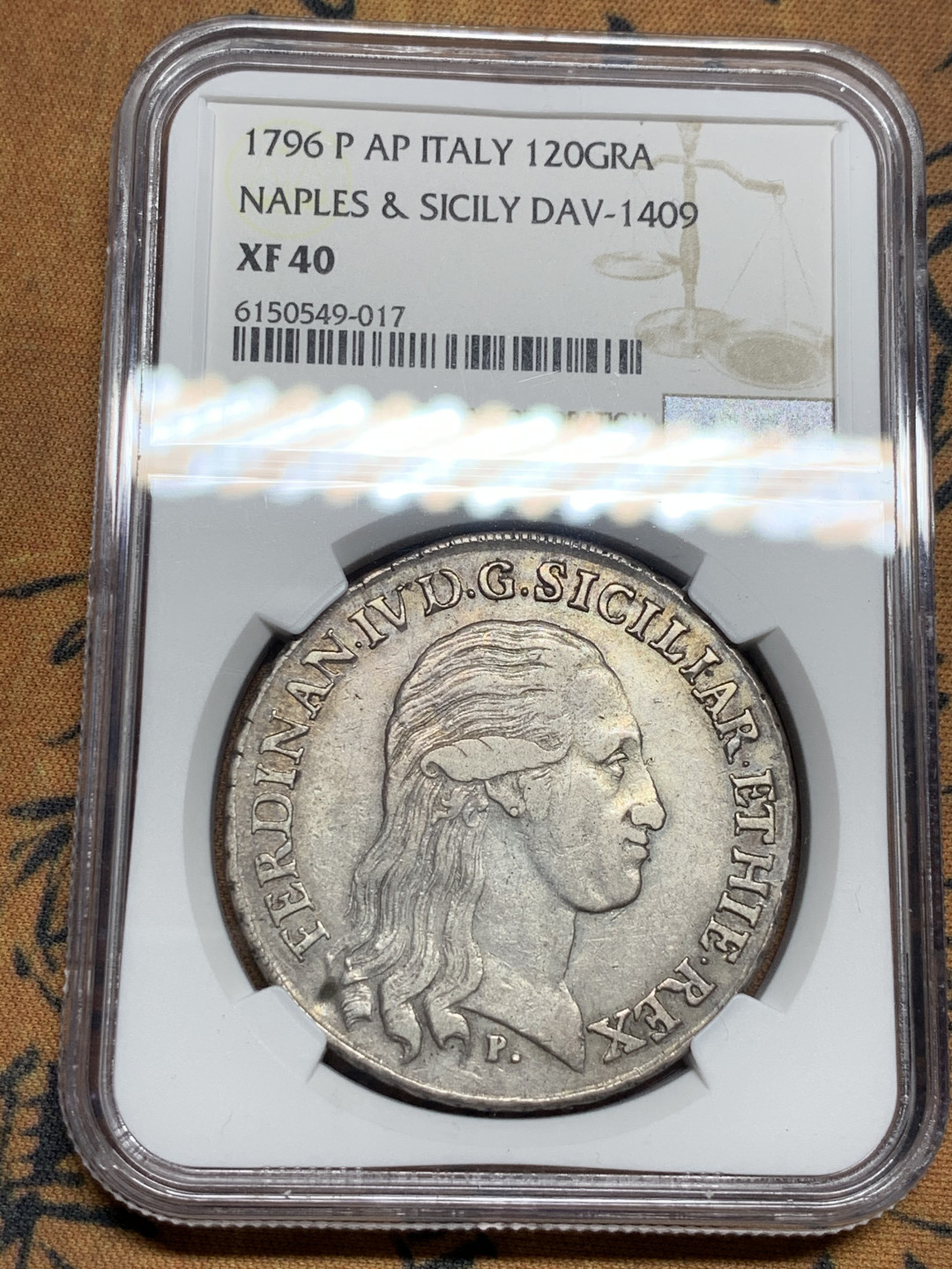 《竞宝斋》第31场（年内尾拍）-周日，周一，周二3场连拍（全场顺丰包邮） NGC XF40 原味好品 意大利 1796年 那不勒斯&西西里 120G 大银币 难得品相