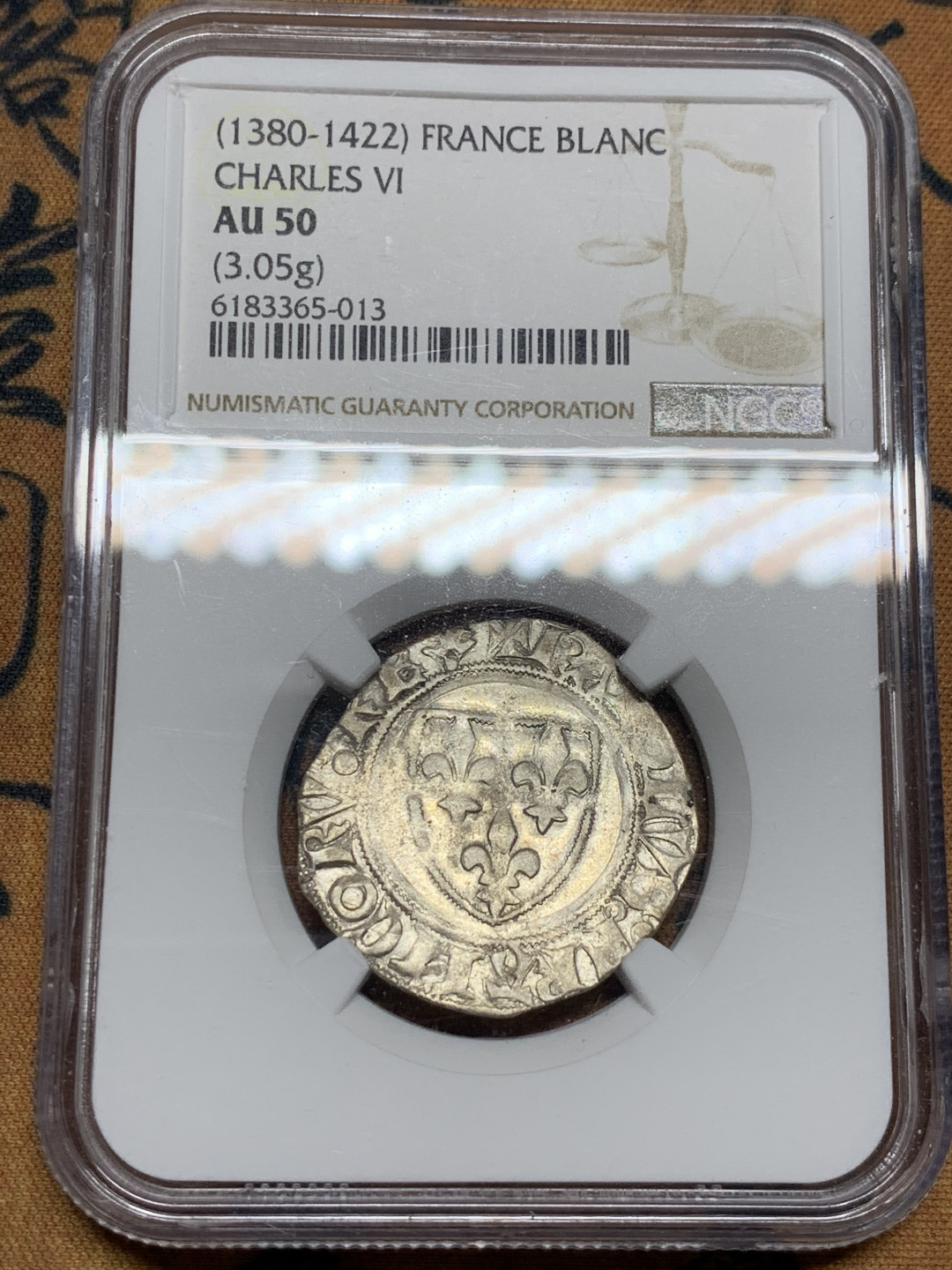 《竞宝斋》第31场（年内尾拍）-周日，周一，周二3场连拍（全场顺丰包邮） NGC AU50 法国 查理六世 1380-1422年  BLANC 打制银币 首次接触 实在难得