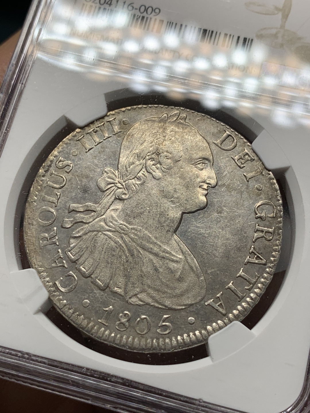 《竞宝斋》第31场（年内尾拍）-周日，周一，周二3场连拍（全场顺丰包邮） NGC-AU53 1805 西属墨西哥 卡洛斯四世    8里亚尔  原味  低评