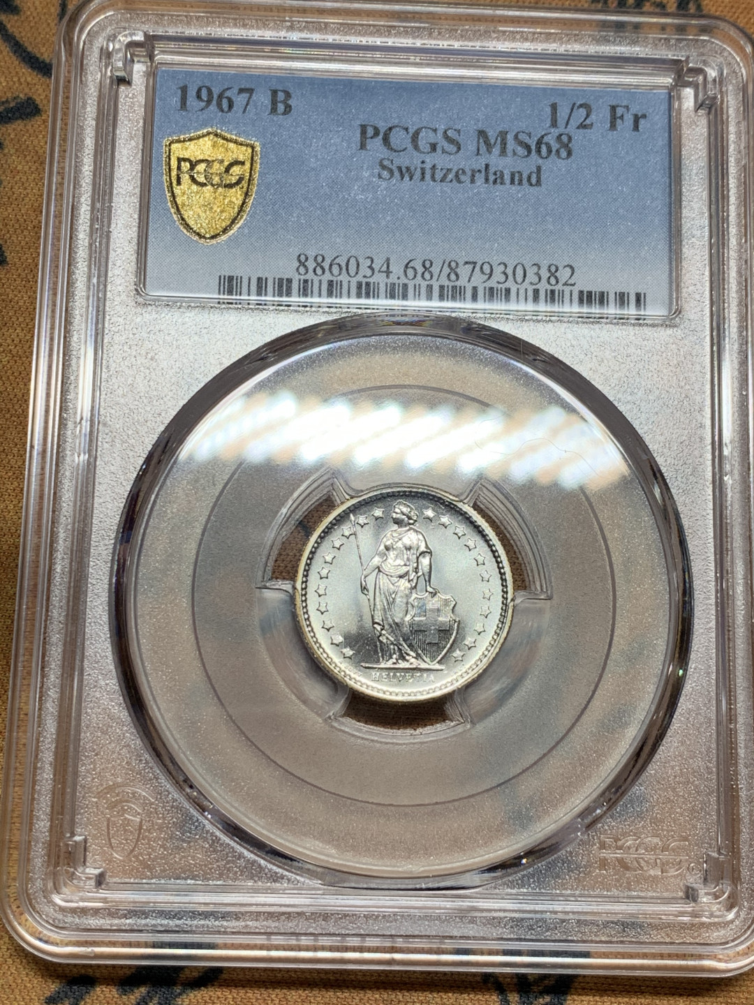 《竞宝斋》第31场（年内尾拍）-周日，周一，周二3场连拍（全场顺丰包邮） PCGS-MS68 1967年瑞士1/2法郎银币 关门年超高分 值得收藏