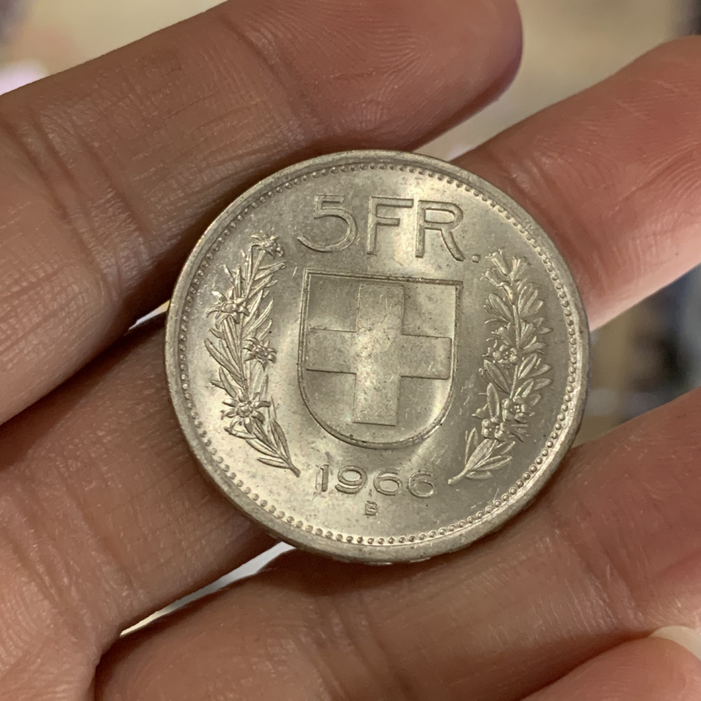 《竞宝斋》第31场（年内尾拍）-周日，周一，周二3场连拍（全场顺丰包邮） 完未品 瑞士 1966年 5法郎 银币 15克  31.4mm