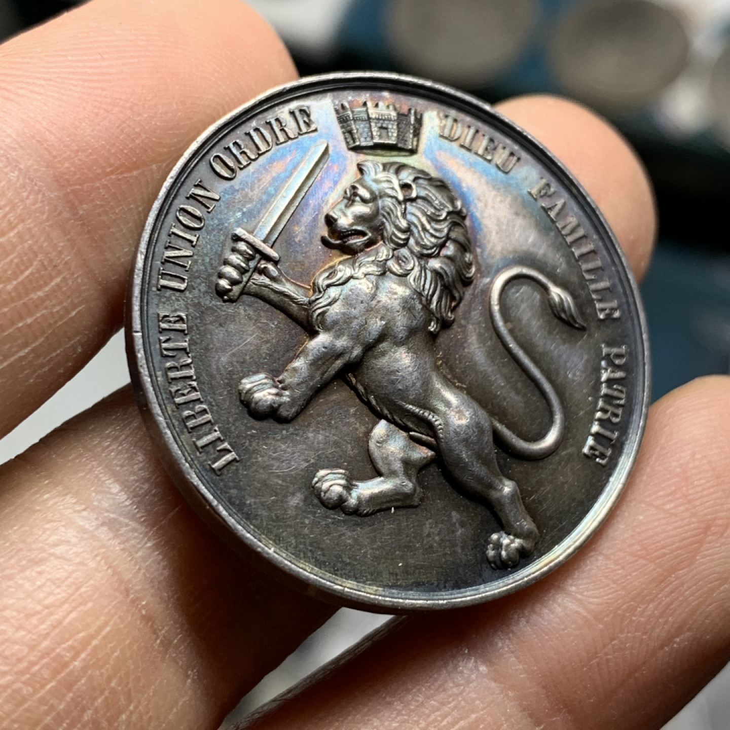 《竞宝斋》第31场（年内尾拍）-周日，周一，周二3场连拍（全场顺丰包邮） 法国1831年 里昂狮子代币 蜜蜂铭银标，五彩包浆