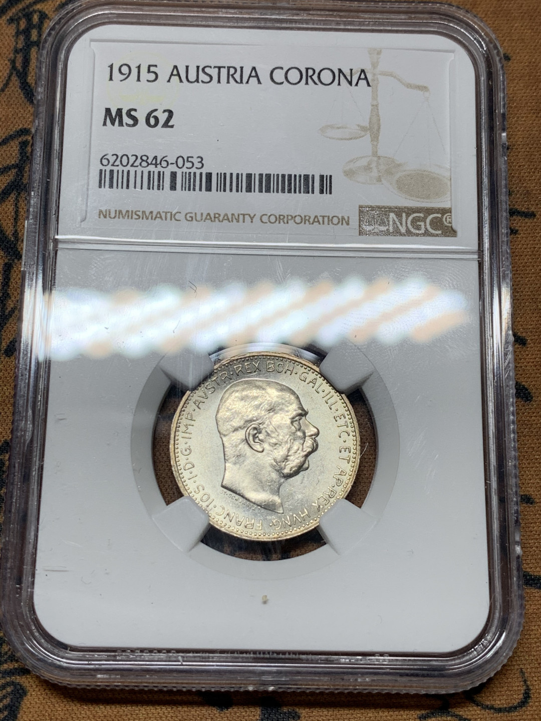 《竞宝斋》第31场（年内尾拍）-周日，周一，周二3场连拍（全场顺丰包邮） NGC-MS62 奥地利 1915年 1克朗银币