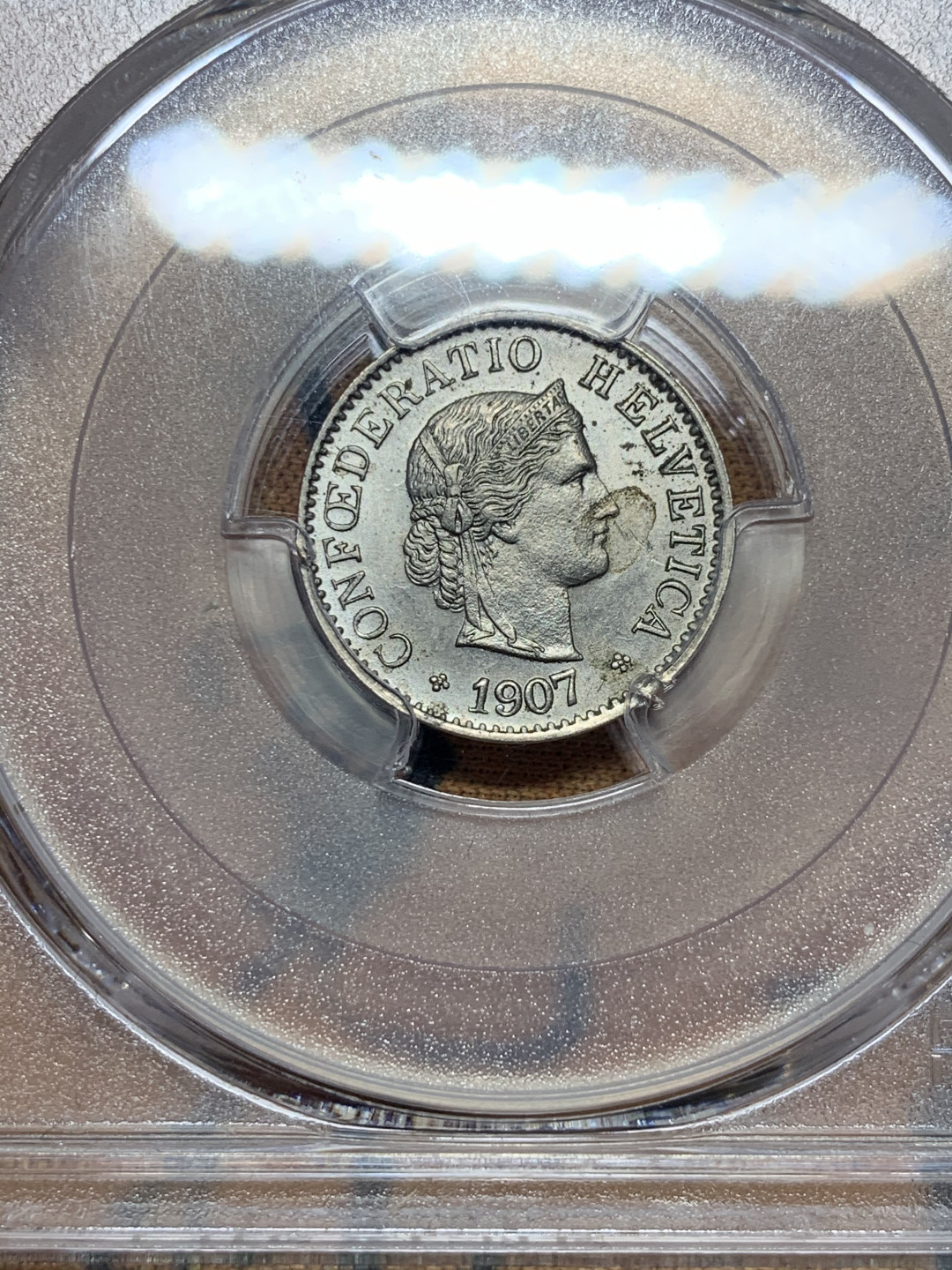 《竞宝斋》第31场（年内尾拍）-周日，周一，周二3场连拍（全场顺丰包邮） PCGS 评级 瑞士 1907年 赫尔维蒂女神 5R  一战前 早期年份少⻅ 完美品未流通状态