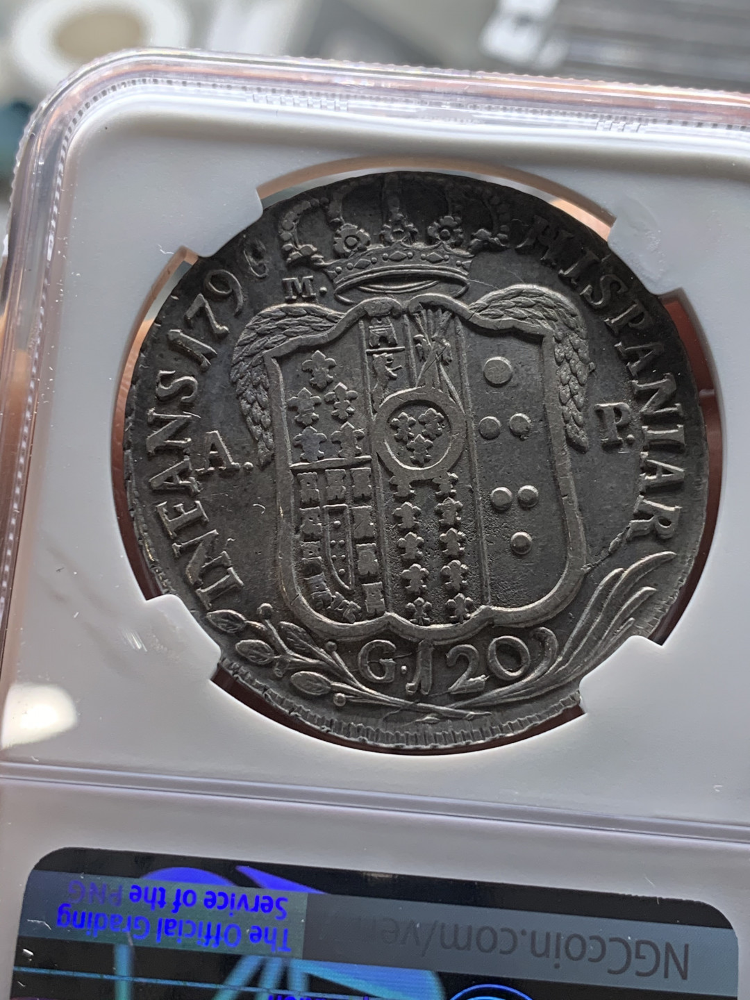 《竞宝斋》第31场（年内尾拍）-周日，周一，周二3场连拍（全场顺丰包邮） NGC XF40 原味好品 意大利 1796年 那不勒斯&西西里 120G 大银币 难得品相