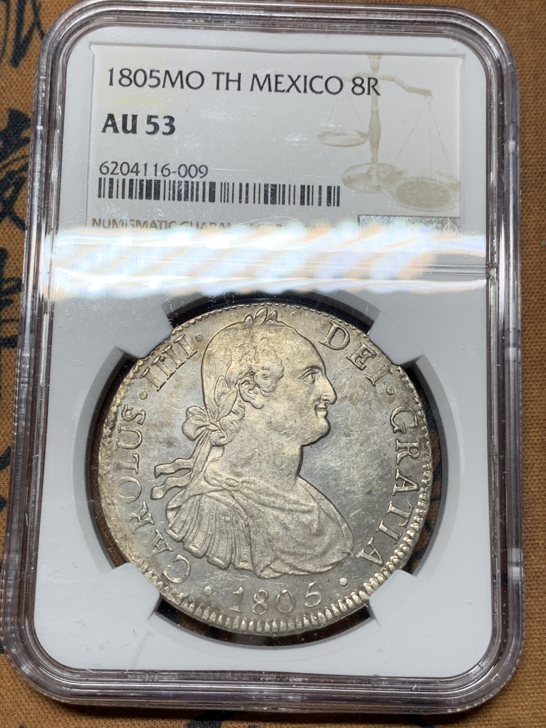 《竞宝斋》第31场（年内尾拍）-周日，周一，周二3场连拍（全场顺丰包邮） NGC-AU53 1805 西属墨西哥 卡洛斯四世    8里亚尔  原味  低评