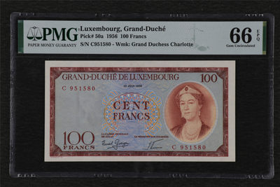 亘邦集藏 第101期-南美双雄 - 【少见】1956年 卢森堡100法郎 PMG 66EPQ C951580
