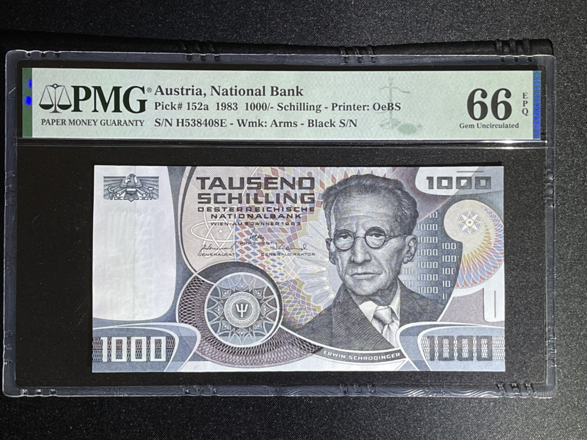 《张总收藏》48期——新春精品 奥地利1000先令 PMG66E 薛定谔 1983年 P-152a