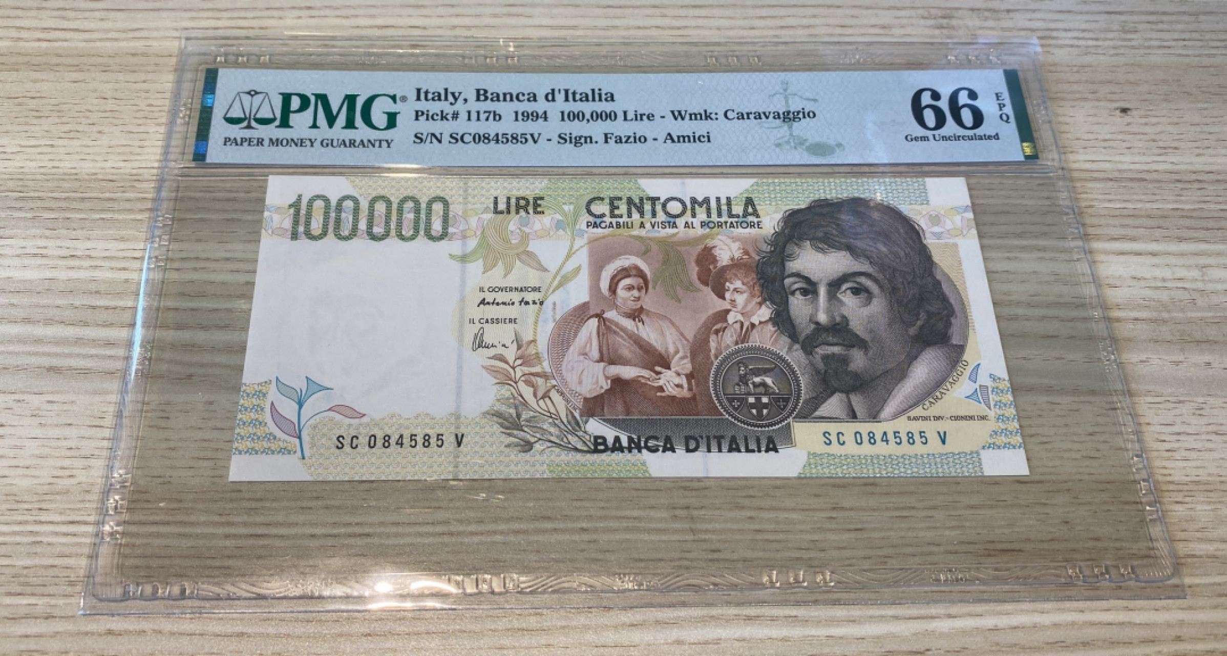 Chase Auction 第1期 - -世界纸币精萃 1994年意大利100000里拉，PMG66分，意大利画家艺术家卡拉瓦乔，颇具艺术价值的一张，正背面为其代表名作！