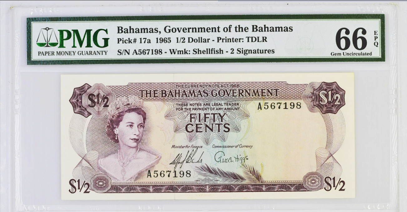《张总收藏》48期——新春精品 1965年巴哈马政府1/2 Dollar PMG 66 EPQ - Printer: TDLR - A567198