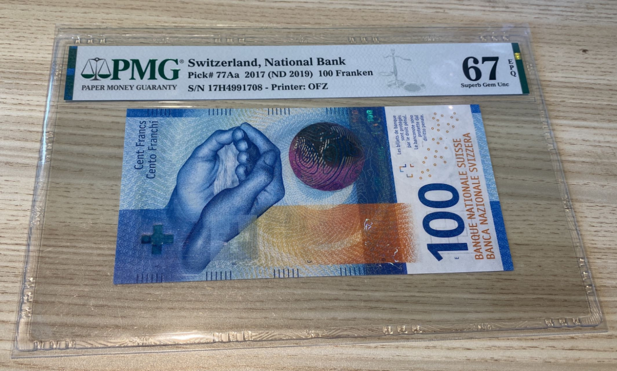 Chase Auction 第1期 - -世界纸币精萃 2017年瑞士100法郎，PMG67分，主题为水，高科技防伪复合材质钞！品质超一流，设计非常富有创意！