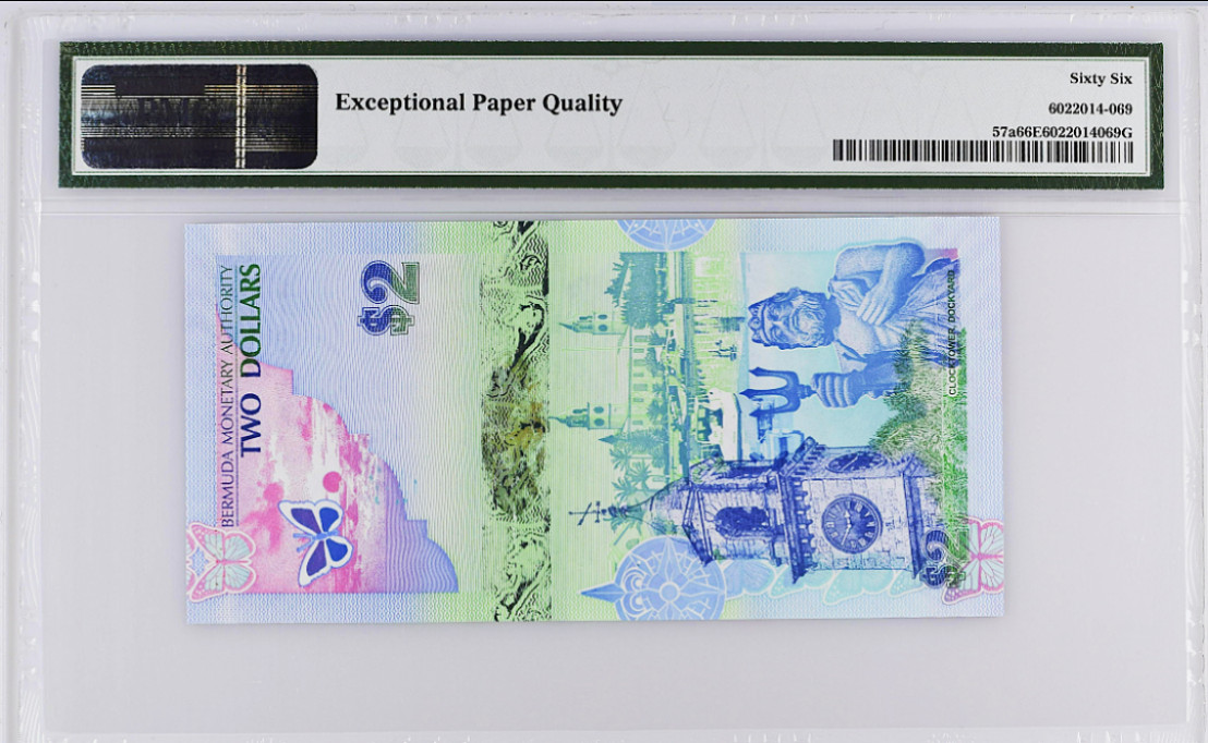 《张总收藏》48期——新春精品 2009年百慕大2 Dollars 首发洋葱冠 PMG 66 EPQ 获奖钞世界最佳纸币蓝鸟- Wmk: Hibiscus, - 