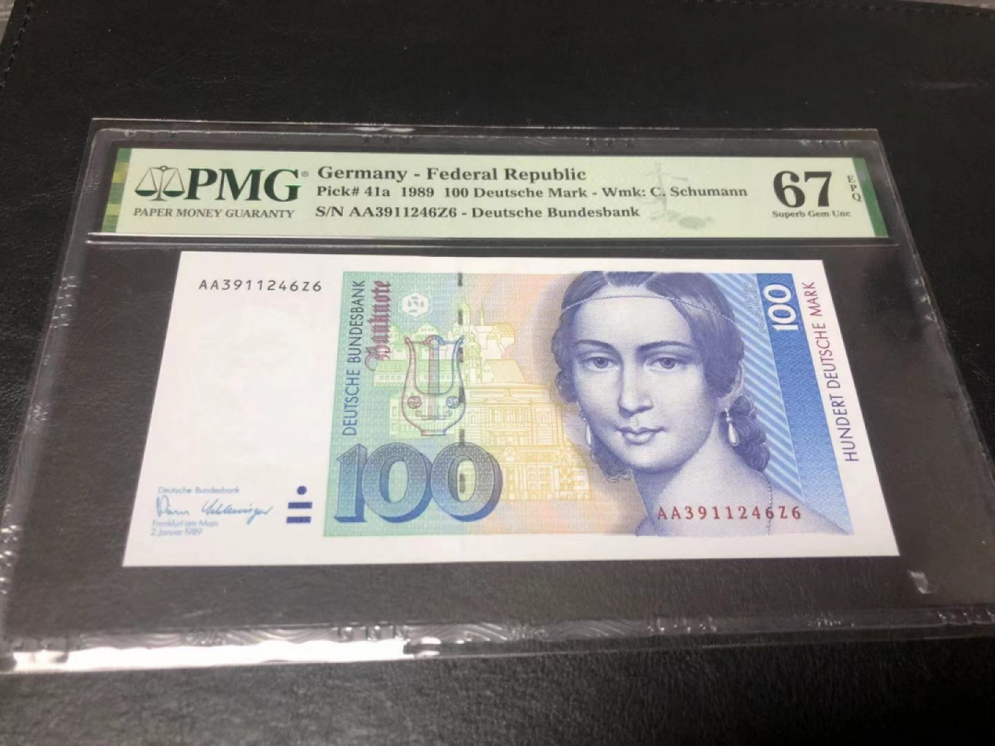 Chase Auction 第1期 - -世界纸币精萃 1989年德国100马克，PMG67分，AA冠。美女钢琴家克拉拉舒曼，情史坎坷，以演奏贝多芬和萧邦作品闻名！