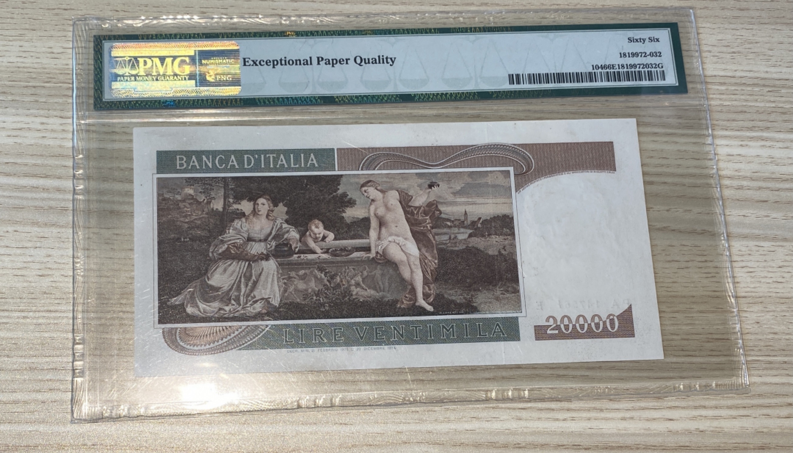 Chase Auction 第1期 - -世界纸币精萃 1975年意大利20000里拉，PMG66分，威尼斯画派画家提香，其肖像画善于揭示人物内心，水印为代表作《花神》，非常传神！